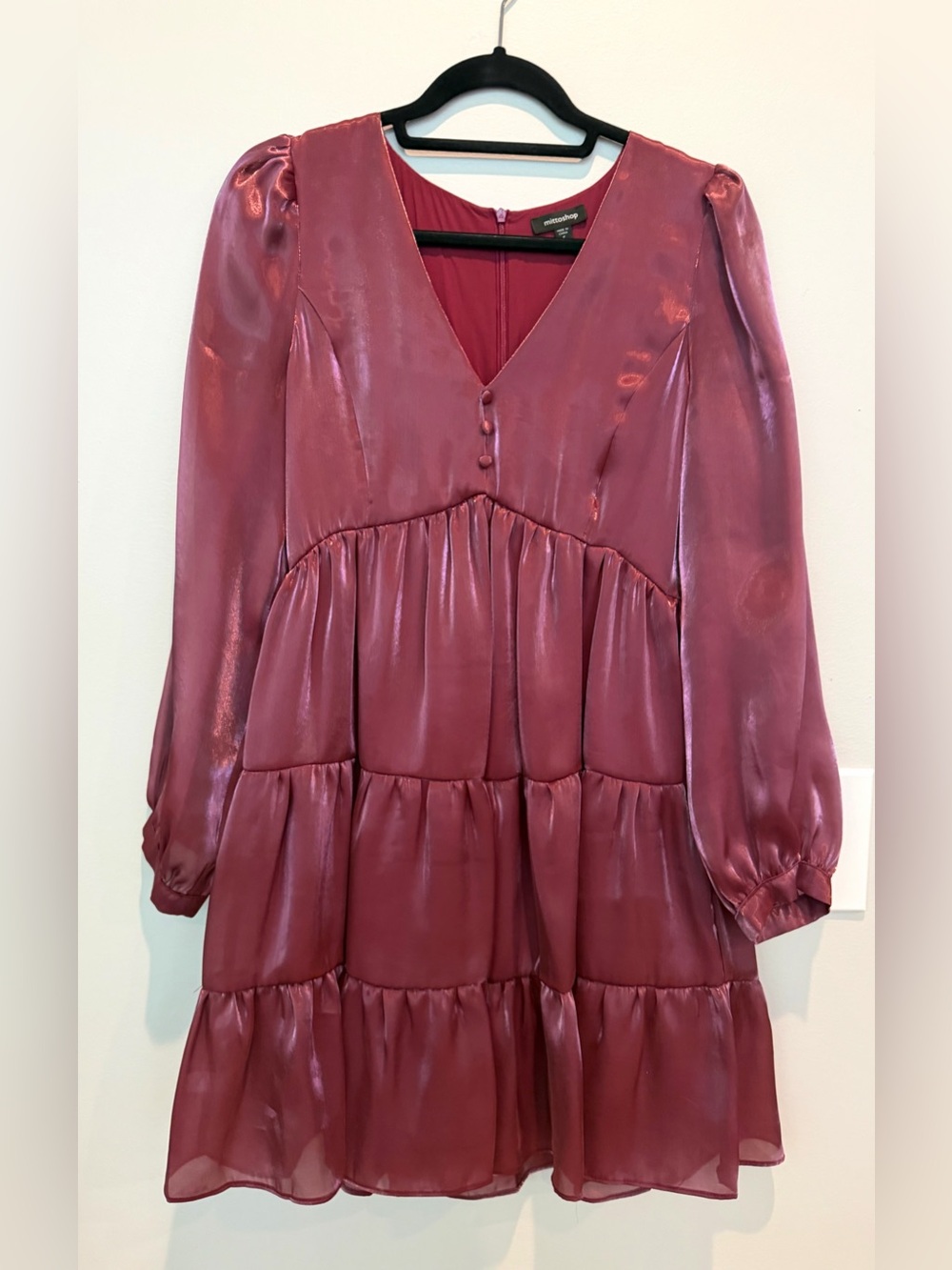 Womens’ Metallic Wine Tiered Party Dress with Long Sleeves